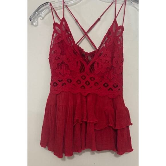 Free People FP Adella Cami Red Crochet Small Strappy Smocked Tiered - Picture 2 of 6